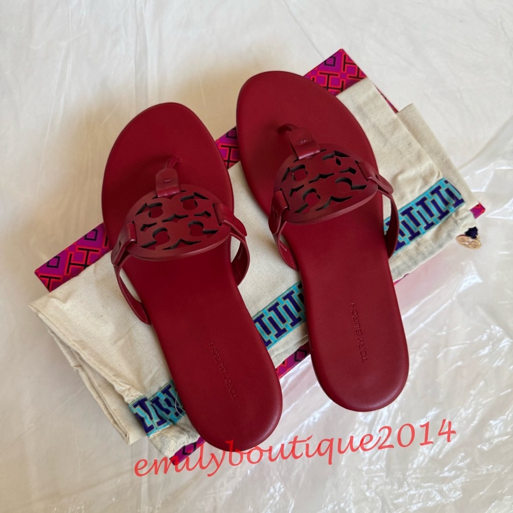 NIB Tory Burch Miller Size 7.5 Tory Red Calf Leather Sandals 90582 - Picture 2 of 10